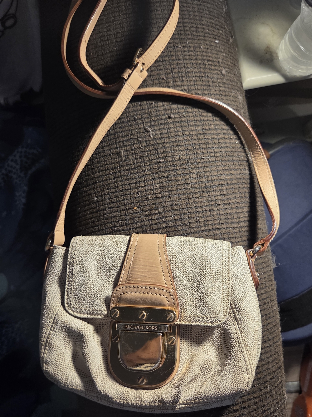 Michael Kors Beige Canvas & Tan Leather Crossbody Bag